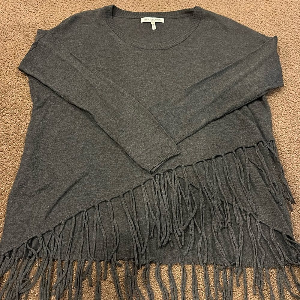Heartloom Women’s Dark Grey Fringe Crewneck Sweater, Size M